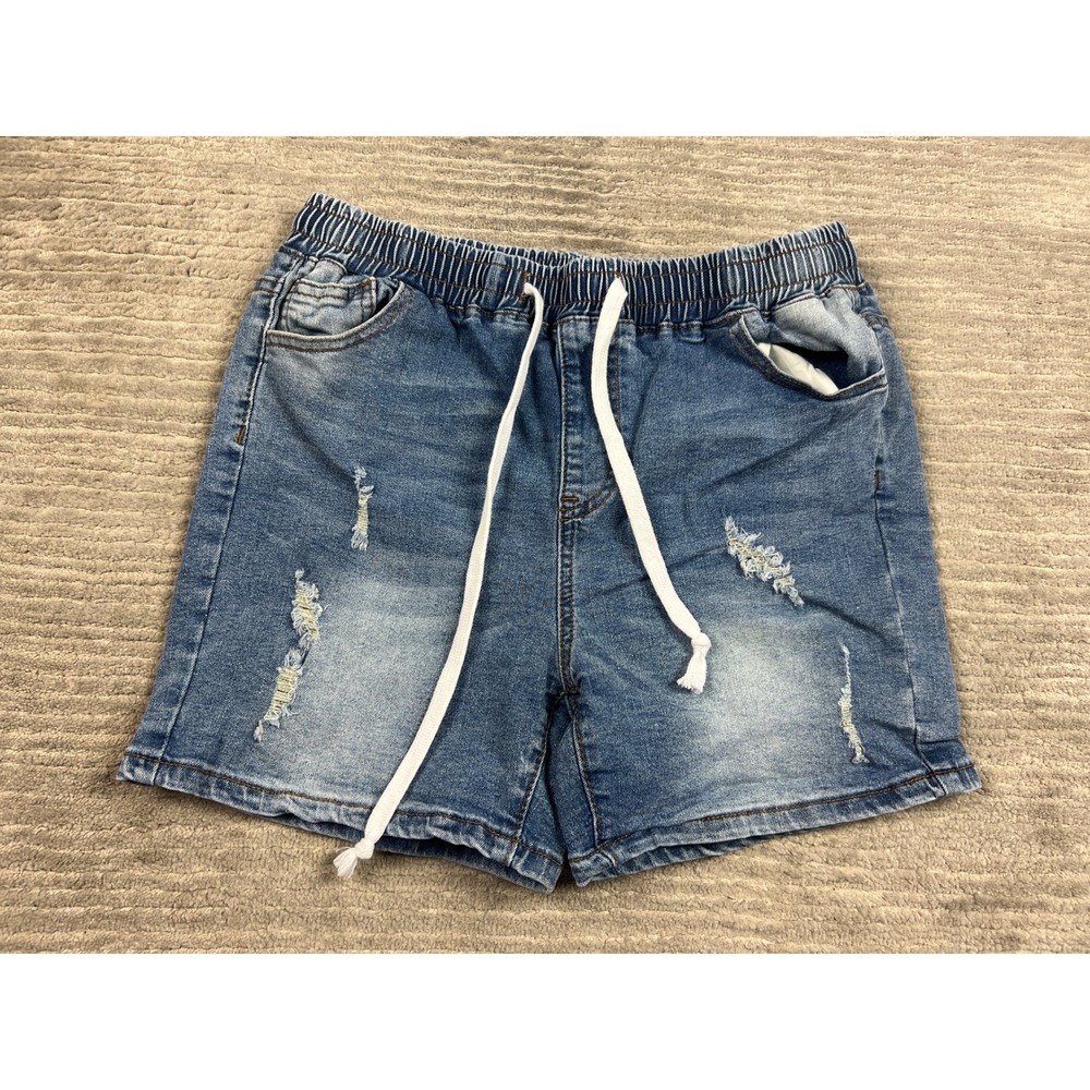 Unbranded Denim Shorts Womens XL Blue Distressed Elastic Waist Drawstring Casual